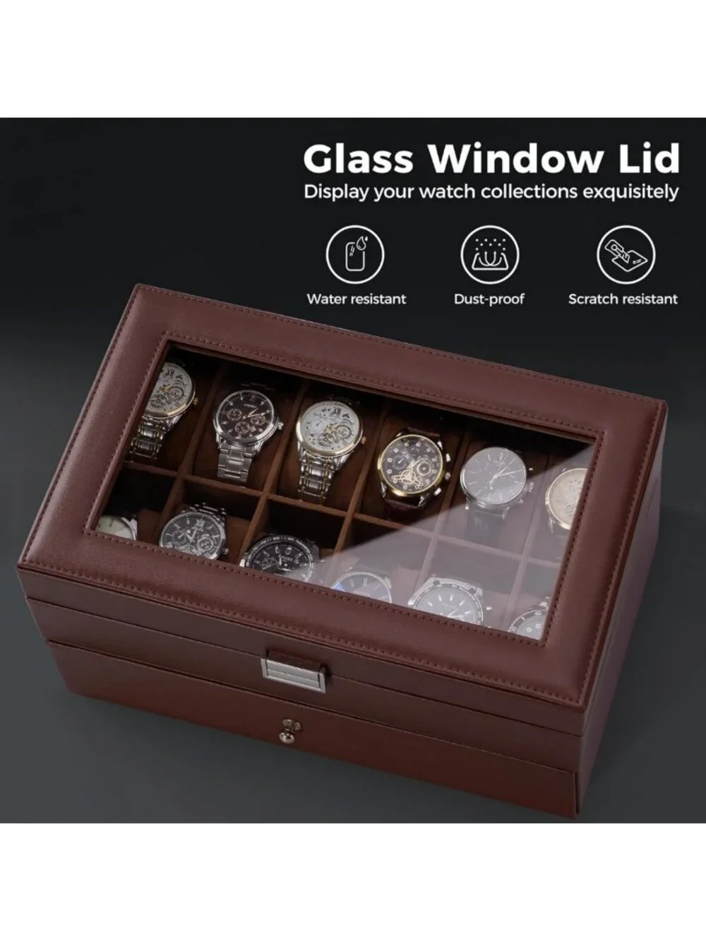 12-Slot Men's Watch Box Organizer with Drawer, Glass Lid - Perfect Gift for Dad